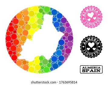 Vector mosaic LGBT map of Almeria Province from circle items, and Love watermark seal stamp. Stencil circle map of Almeria Province collage created with circles in variable sizes,
