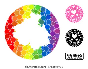 Vector mosaic LGBT map of Altai Republic from spheric items, and Love watermark seal. Stencil circle map of Altai Republic collage composed with circles in variable sizes,
