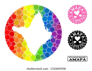 Vector mosaic LGBT map of Amapa state from circle blots, and Love rubber seal stamp. Hole circle map of Amapa state collage designed with circles in variable sizes, and rainbow bright color hues.