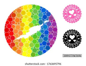 Vector mosaic LGBT map of Anguilla Islands from circle items, and Love scratched stamp. Subtraction circle map of Anguilla Islands collage composed with circles in variable sizes,
