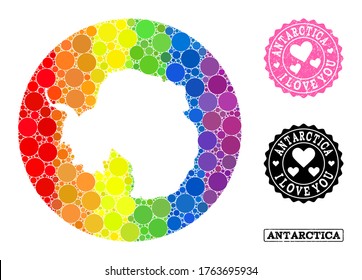 Vector mosaic LGBT map of Antarctica with circle blots, and Love rubber seal stamp. Hole circle map of Antarctica collage created with circles in various sizes, and rainbow colorful color hues.