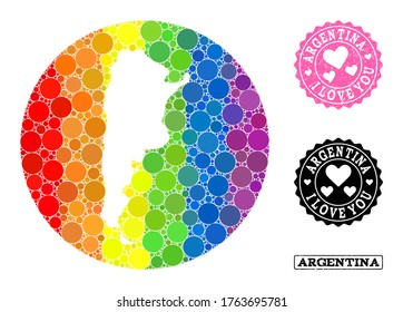 Vector mosaic LGBT map of Argentina with round blots, and Love grunge stamp. Subtraction circle map of Argentina collage designed with circles in various sizes, and rainbow bright shades.