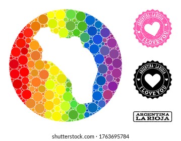 Vector mosaic LGBT map of Argentina - La Rioja with round elements, and Love grunge seal stamp. Stencil round map of Argentina - La Rioja collage composed with circles in different sizes,
