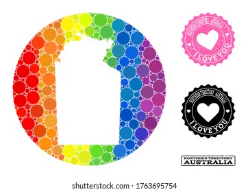 Vector mosaic LGBT map of Australian Northern Territory with circle dots, and Love scratched seal. Stencil round map of Australian Northern Territory collage composed with circles in different sizes,