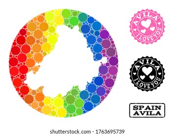 Vector mosaic LGBT map of Avila Province with round dots, and Love watermark seal stamp. Stencil round map of Avila Province collage composed with circles in different sizes,