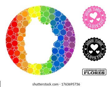 Vector mosaic LGBT map of Azores - Flores Island with round elements, and Love rubber seal. Hole round map of Azores - Flores Island collage composed with circles in variable sizes,