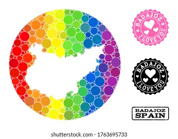 Vector mosaic LGBT map of Badajoz Province of round items, and Love watermark stamp. Hole round map of Badajoz Province collage designed with circles in various sizes,