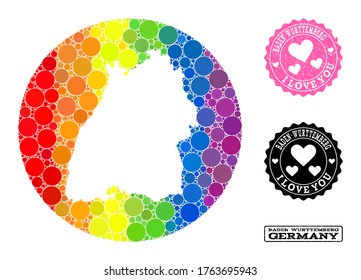 Vector mosaic LGBT map of Baden-Wurttemberg State with circle dots, and Love scratched seal. Subtraction circle map of Baden-Wurttemberg State collage composed with circles in various sizes,