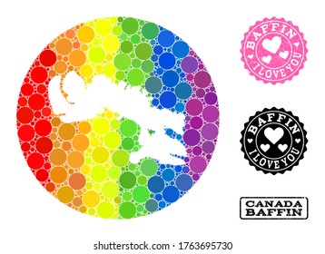 Vector mosaic LGBT map of Baffin Island with circle elements, and Love watermark seal. Hole circle map of Baffin Island collage designed with circles in various sizes,