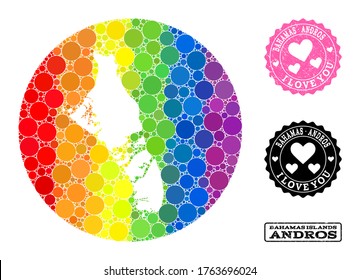 Vector mosaic LGBT map of Bahamas - Andros Island of round elements, and Love scratched stamp. Hole round map of Bahamas - Andros Island collage composed with circles in different sizes,