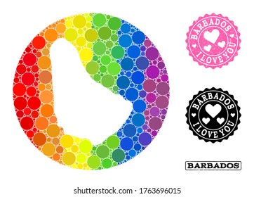 Vector mosaic LGBT map of Barbados with spheric elements, and Love rubber seal. Hole round map of Barbados collage composed with circles in variable sizes, and spectrum bright color tinges.