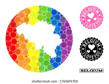 Vector mosaic LGBT map of Belgium with round elements, and Love scratched seal. Subtraction round map of Belgium collage created with circles in variable sizes, and spectrum multicolored color tones.