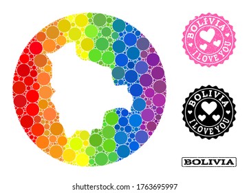 Vector mosaic LGBT map of Bolivia with spheric dots, and Love watermark seal. Hole circle map of Bolivia collage created with circles in various sizes, and spectrum colored shades.