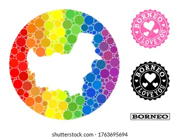 Vector mosaic LGBT map of Borneo Island with spheric elements, and Love scratched seal. Subtraction round map of Borneo Island collage composed with circles in different sizes,