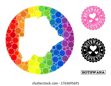 Vector mosaic LGBT map of Botswana from round elements, and Love watermark stamp. Hole circle map of Botswana collage created with circles in different sizes, and spectrum colored shades.