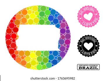 Vector mosaic LGBT map of Brazil - Distrito Federal of round items, and Love rubber stamp. Subtraction round map of Brazil - Distrito Federal collage composed with circles in different sizes,