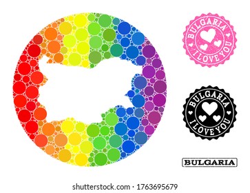 Vector mosaic LGBT map of Bulgaria from circle dots, and Love watermark seal stamp. Hole round map of Bulgaria collage formed with circles in various sizes, and spectrum multicolored color tints.