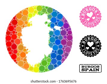 Vector mosaic LGBT map of Burgos Province of spheric elements, and Love scratched seal stamp. Subtraction round map of Burgos Province collage composed with circles in variable sizes,