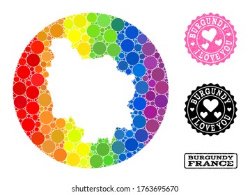 Mapa de mosaico vectorial LGBT de la provincia de Borgoña con manchas redondas y estampado de amor. Mapa redondo de hoyo del collage de la provincia de Borgoña creado con círculos de tamaños variables,