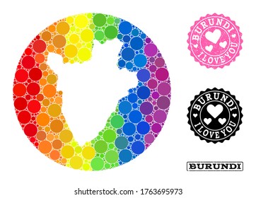 Mapa de Burundi con mosaico de vectores LGBT desde puntos de círculo, y sello de amor rayado. Mapa circular esténcil del collage burundiano compuesto por círculos de tamaños variables y tintes de color de espectro.