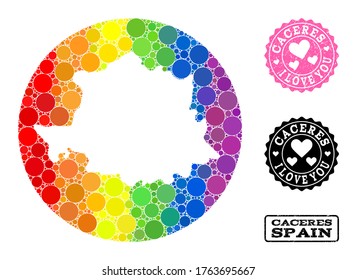 Mapa de mosaico vectorial LGBT de la provincia de Cáceres con puntos esféricos, y sello de goma de amor. Mapa redondo de hoyo de la provincia de Cáceres diseñado con círculos de diferentes tamaños y tonos de color arcoiris.