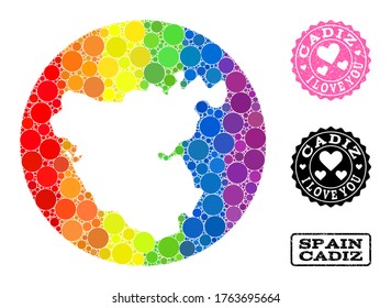 Vector mosaic LGBT map of Cadiz Province from round elements, and Love watermark seal stamp. Subtraction circle map of Cadiz Province collage composed with circles in variable sizes,