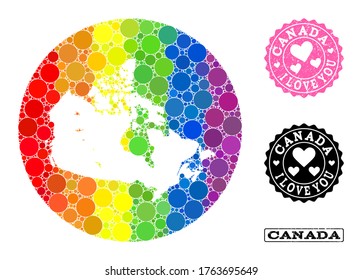 Vector mosaic LGBT map of Canada with round elements, and Love rubber seal stamp. Subtraction round map of Canada collage composed with circles in different sizes, and rainbow colorful shades.