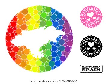 Vektor mosaic LGBT Karte der Provinz Kantabrien mit Kreisflecken, und Liebe kratzte Stempel. Karte des Hole-Kreises in der Provinz Kantabrien, bestehend aus Kreisen verschiedener Größe,