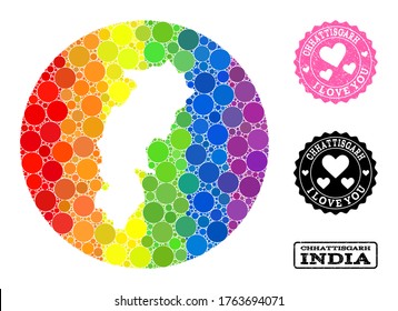 Vector mosaic LGBT map of Chhattisgarh State of round elements, and Love scratched seal stamp. Subtraction circle map of Chhattisgarh State collage designed with circles in various sizes,