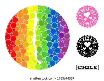 Vector mosaic LGBT map of Chile with round blots, and Love scratched seal. Subtraction round map of Chile collage formed with circles in various sizes, and rainbow colored shades.