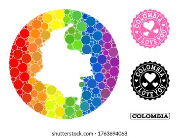 Vector mosaic LGBT map of Colombia of circle dots, and Love rubber seal. Stencil round map of Colombia collage designed with circles in various sizes, and spectrum colorful color tints.