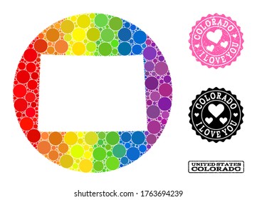 Vektormosaik LGBT-Karte des Colorado-Zustands von runden Punkten, und Love Wasserzeichen-Siegel. Stencil Kreis Karte des Colorado State Collage gebildet mit Kreisen in verschiedenen Größen, und Regenbogen bunten Farben.