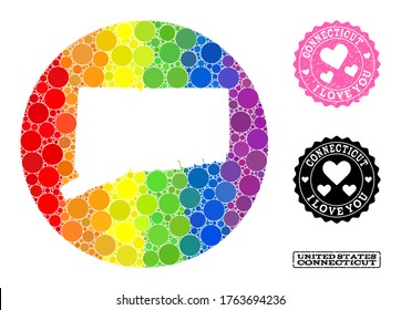 Mapa del mosaico vectorial LGBT del estado de Connecticut de las manchas de círculo, y sello de grifo de amor. Mapa del círculo de retracción del collage del estado de Connecticut compuesto por círculos de tamaños variables,