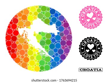 Mapa de mosaico de vectores LGBT de Croacia con puntos redondos, y sello de amor rayado. Mapa del círculo de la resta de Croacia compuesto por círculos de diferentes tamaños y tonos de arcoiris.