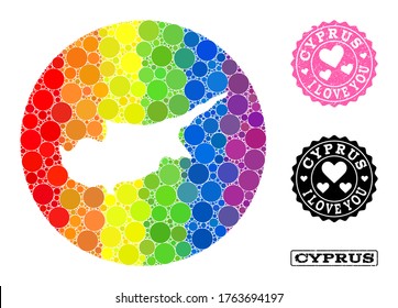 Vector mosaic LGBT map of Cyprus Island with round items, and Love watermark stamp. Subtraction round map of Cyprus Island collage created with circles in various sizes, and rainbow bright shades.