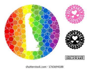 Vector mosaic LGBT map of Delaware State with spheric dots, and Love scratched seal stamp. Hole round map of Delaware State collage designed with circles in variable sizes,