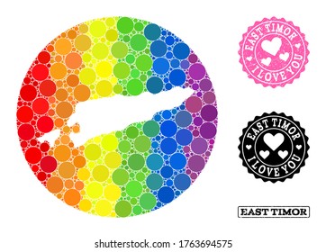 Vector mosaic LGBT map of East Timor with circle dots, and Love grunge stamp. Stencil circle map of East Timor collage formed with circles in variable sizes, and spectrum bright color hues.