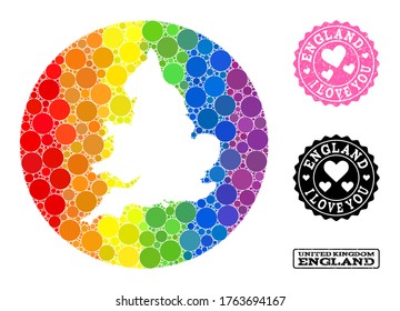 Vector mosaic LGBT map of England from spheric blots, and Love grunge stamp. Stencil round map of England collage formed with circles in different sizes, and spectrum colored color tones.