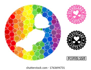 Mapa de mosaico vectorial LGBT de la provincia de Flevoland con objetos redondos, y sello de sello de sello de amor arañado. Mapa del círculo de tallos de la provincia de Flevoland compuesto por círculos de diferentes tamaños,