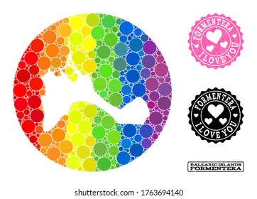 Vector mosaic LGBT map of Formentera Island with circle items, and Love watermark seal. Stencil circle map of Formentera Island collage created with circles in different sizes,