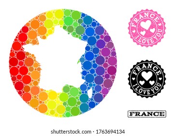 Vector mosaic LGBT map of France with round blots, and Love rubber seal stamp. Subtraction round map of France collage composed with circles in variable sizes, and rainbow bright color hues.