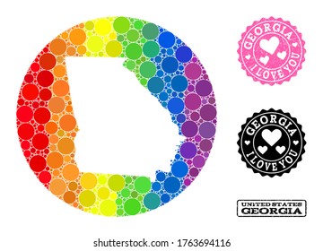 Vector mosaic LGBT map of Georgia State with circle elements, and Love rubber seal stamp. Subtraction circle map of Georgia State collage formed with circles in various sizes,