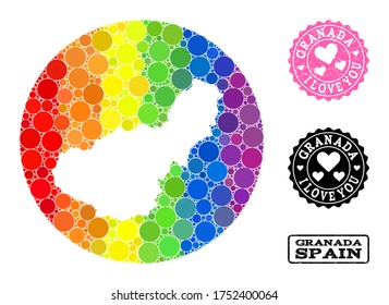 Vector mosaic LGBT map of Granada Province with round elements, and Love grunge seal. Subtraction round map of Granada Province collage composed with circles in different sizes,