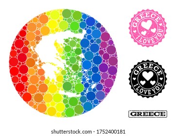 Vector mosaic LGBT map of Greece from round items, and Love rubber stamp. Stencil round map of Greece collage composed with circles in various sizes, and spectrum multicolored color tinges.