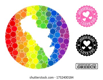Vector mosaic LGBT map of Greece - Andros Island with circle items, and Love rubber seal. Subtraction round map of Greece - Andros Island collage created with circles in different sizes,