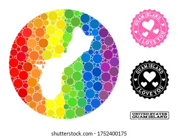 Mapa de mosaico de vectores LGBT de la isla de Guam desde puntos redondos, y sello de amor grunge. Mapa redondo de hoyo del collage de la isla de Guam compuesto por círculos de diferentes tamaños y tonos de color arcoiris.