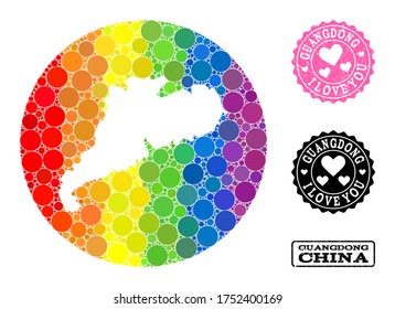 Mapa de mosaicos de vectores LGBT de la provincia de Guangdong a partir de elementos redondos, y sello de la marca de agua Love. Mapa circular de la resta del collage de la provincia de Guangdong compuesto por círculos de diferentes tamaños.
