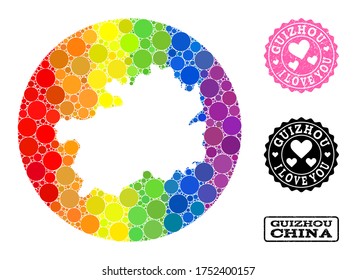 Vector mosaic LGBT map of Guizhou Province with circle spots, and Love scratched stamp. Subtraction round map of Guizhou Province collage designed with circles in various sizes,