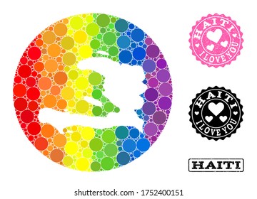 Vector mosaic LGBT map of Haiti with circle items, and Love grunge seal stamp. Subtraction circle map of Haiti collage created with circles in various sizes, and rainbow colorful color hues.