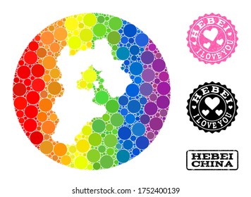 Vector mosaic LGBT map of Hebei Province with round items, and Love watermark seal. Subtraction round map of Hebei Province collage designed with circles in variable sizes,